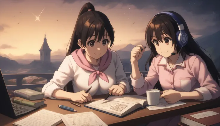 score_9, score_8_up, score_7_up, gsfghtr, pajamas, pink neckerchief, black hairs, ((long straight hairs)) night, crescent moon in sky, shooting stars, studying on the desk, writing on the book using pen with left hand, open eyes, smile, ((headphone)), a gl...