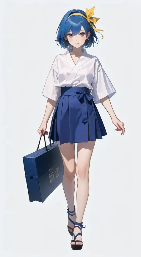 【style】 anime illustration、【appearance】 opposite、Blue Hair Girl、short hair、yellow headband、two side up、(open collar:1.1)、No bag、hand on own leg、【costume】 short sleeves、white shirt、collared shirt、hakama short skirt、(box skirt:1.2)、(asymmetry skirt:1.1)、ankl...
