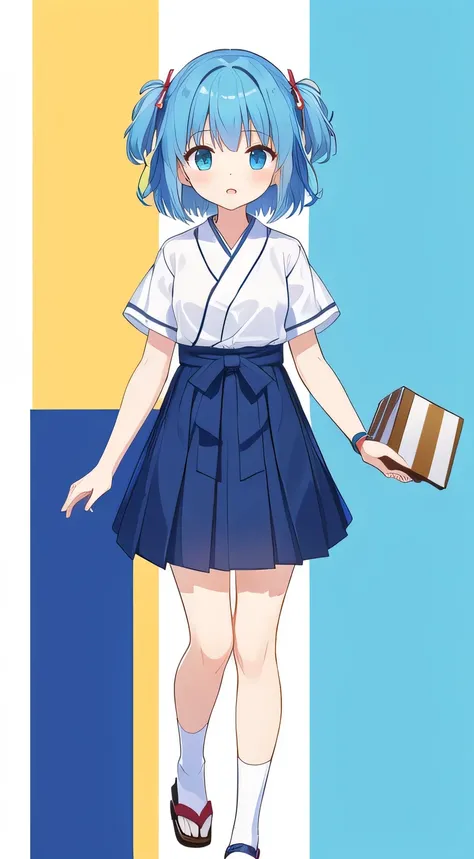 【style】 anime illustration、【appearance】 opposite、Blue Hair Girl、short hair、yellow headband、two side up、(open collar:1.1)、No bag、hand on own leg、【costume】 short sleeves、white shirt、collared shirt、hakama short skirt、(box skirt:1.2)、(asymmetry skirt:1.1)、ankl...