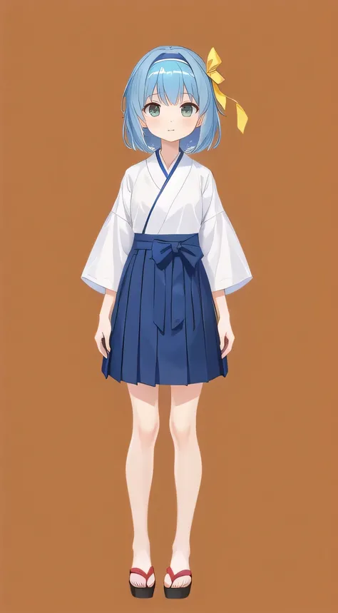 【style】 anime illustration、【appearance】 opposite、Blue Hair Girl、short hair、yellow headband、two side up、(open collar:1.1)、No bag、hand on own leg、【costume】 short sleeves、white shirt、collared shirt、hakama short skirt、(box skirt:1.2)、(asymmetry skirt:1.1)、ankl...
