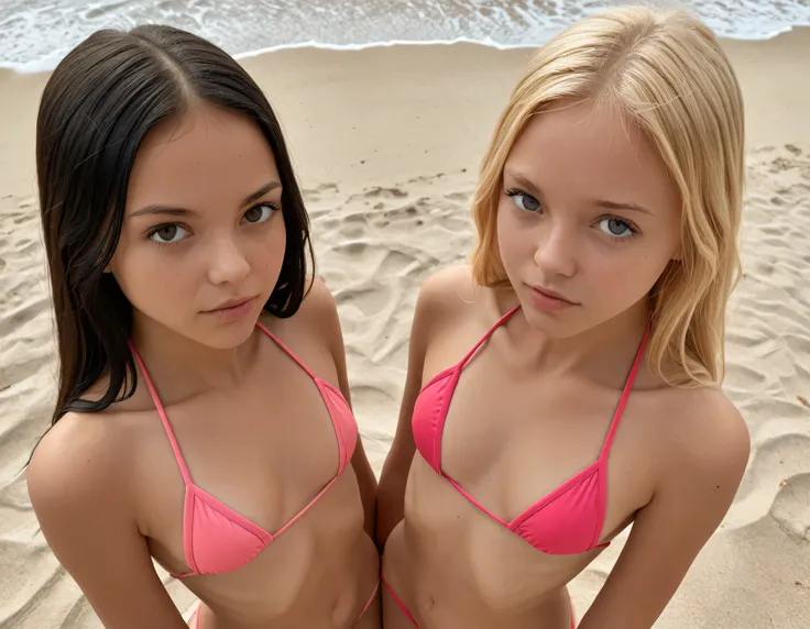   Front view from above   , ung girls,  slim girls in bikinis, pink micro bikini , blond and black long hair,beach,  Sunny, looking at the viewer, field department  