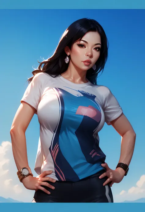 watch, wristwatch, 1girl, jewelry, bracelet, hand on hip, solo, shirt, blue background, wristband, blue sky, earrings, hands on hips, sky, black hair, lips, t-shirt, bangle, realistic, day, long hair, nose, asian, short sleeves, large breasts