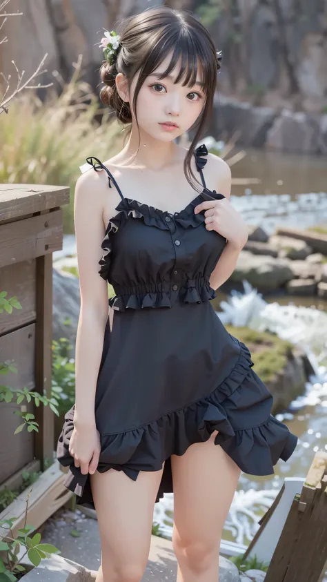 女性のIn a dressのクローズアップで、She's standing on a cliff, In a dress, frilly outfit, anime girl weaAlsog a black dress, weaAlsog black camisole outfit, frill, cute and elegant poses for cannon photos, , in a close-up of an anime girl, Also, 8K 50mm ISO 10, CI...