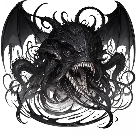 Ink sketch, black and white, Cthulhu Lovecraft, Horror Cthulhu Mythos, Cthulhu existence, transparent background,
