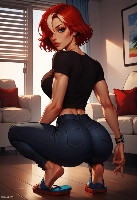 score_9, score_8_up, nsfw, score_7_up,derpibooru_p_95, rindou, masterpiece, from back, squatting, looking at viewer, sexy ass, perky ass, wide hips, slim waist ,1girl, xjoannax, red hair, short hair, (((multicolored hair))), hair over one eye, blue eyes, d...