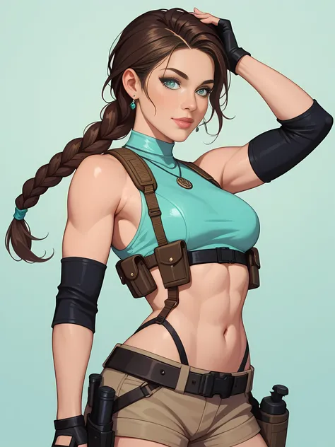 A semi-realistic digital painting of the athletic and beautiful adventurer Lara Croft sporting a sensual pose, wearing a teal crop top, brown tactical shorts, two black holsters, black fingerless gloves and a black utility belt, long brown braided hair, li...