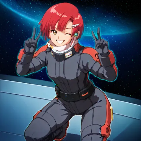 kachua rees, red hair, short hair, brown eyes, smile, wink,