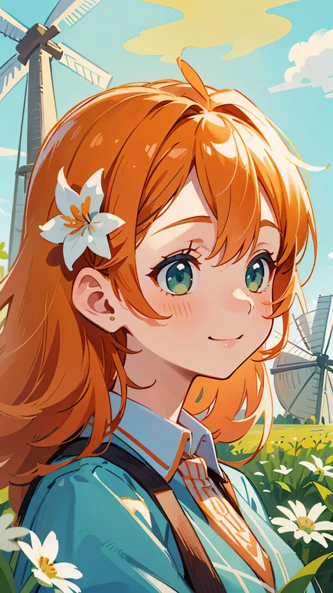 one girl、solo、orange hair、gathered hair、bangs、green eyes、cabin attendant uniform for styling hair by hand、Light blue uniform、cute smile、 small 、upper body close-up、 flower field with windmills visible in the distance