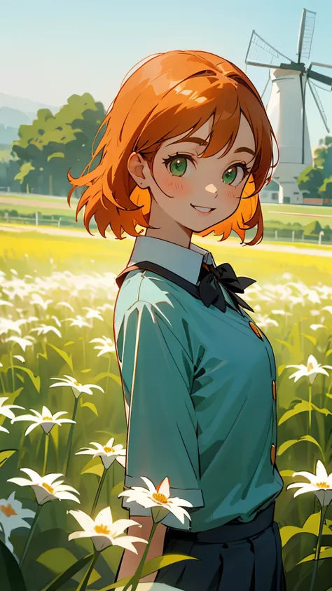 one girl、solo、orange hair、gathered hair、bangs、green eyes、 sightseeing bus guide uniform 、cabin attendant or rather bus guide uniform、Light blue uniform、grins、from the side、 small 、upper body close-up、 flower field with windmills visible in the distance 、Ga...