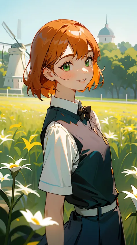 one girl、solo、orange hair、gathered hair、bangs、green eyes、 sightseeing bus guide uniform 、cabin attendant or rather bus guide uniform、Light blue uniform、grins、from the side、 small 、upper body close-up、 flower field with windmills visible in the distance 、Ga...