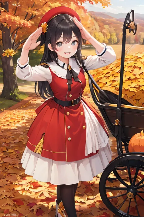 autumn, girl, smiling in front of the carriage, autumn girl 옷, dress, Saluting Pose