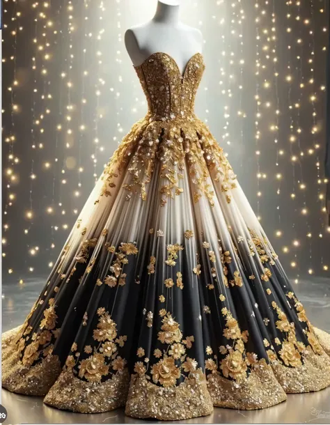 A magnificent black and gold ball gown adorned with sparkling sequins, featuring an intricate design of golden flowers on the skirt that shimmer under soft lighting. The dress is displayed against a backdrop of twinkling stars, creating a dreamy atmosphere...