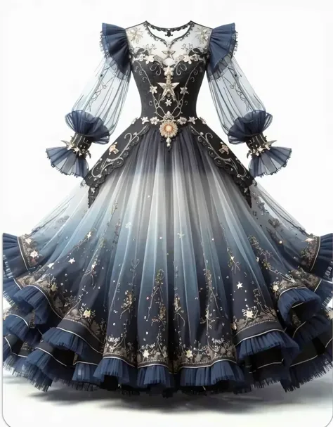 Gown design, Gothic style, princess dress with lace and star embellishments on the skirt of dark blue tulle fabric. The neckline is decorated with delicate stars, while sleeves have ruffled details, creating an elegant atmosphere. It features a full body d...