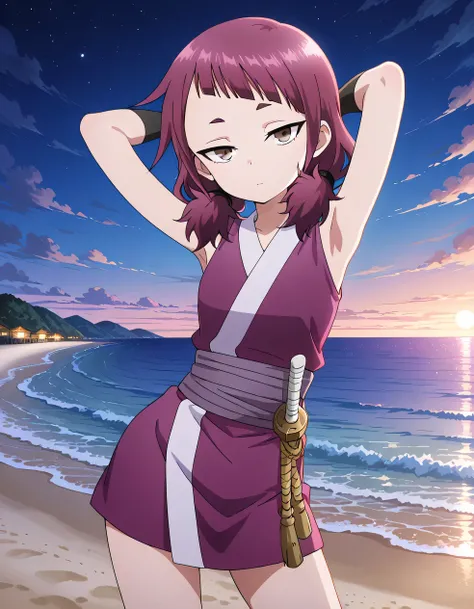 shakuyaku, sleeveless, japanese clothes, hightighs, fingerless gloves, high quality, solo, night sky, beach, hands behind head, ((contrapposto)), closed mouth, cowboy shot, looking at viewer, expressionless, best quality