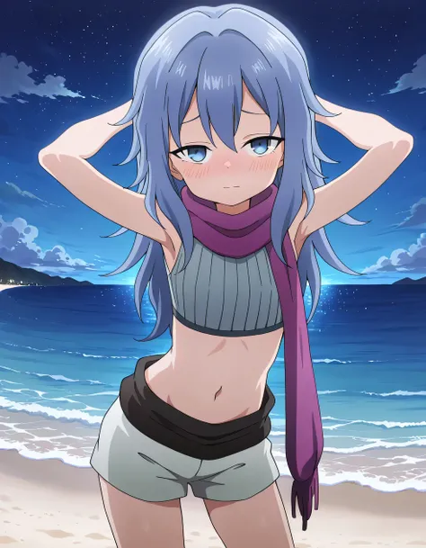 Hagi, blue eyes, blue hair, long hair, crop top, sleeveless, purple scarf, shorts, high quality, solo, looking at viewer, cowboy shot, (contrapposto), hands behind head, looking at viewer, closed mouth, night sky, beach, looking at viewer, blushing, shy, b...