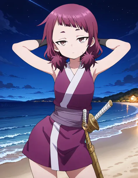 shakuyaku, sleeveless, japanese clothes, hightighs, fingerless gloves, high quality, solo, night sky, beach, hands behind head, ((contrapposto)), closed mouth, cowboy shot, looking at viewer, expressionless, best quality