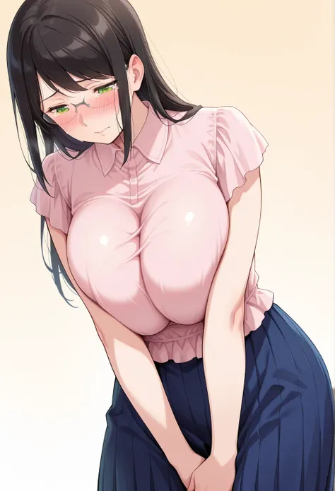 , hanyuyuzuki, 1girl, solo, perfect hands, rimless eyewear, black hair, green eyes,long hair, blue pleated skirt, collared blouse,huge breasts, looking at viewer, long skirt, (cowboy shot:1.5), standing,swept bangs,mature female,,own hands together,blushin...