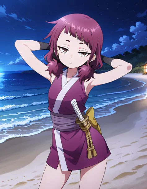 shakuyaku, sleeveless, japanese clothes, hightighs, fingerless gloves, high quality, solo, night sky, beach, hands behind head, ((contrapposto)), closed mouth, cowboy shot, looking at viewer, expressionless, best quality