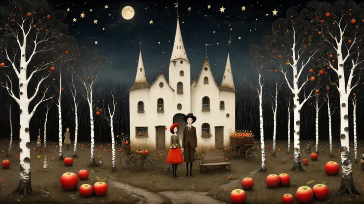 plano general, full body, (and attractive young ager, sonhadora) a lakeside village and a white birch forest and an apple orchard,  A starry night , ((Matias_adolsson style!)),  dark, hazy atmosphere , surrealismo, The absurdity of tenderness, Attractivene...