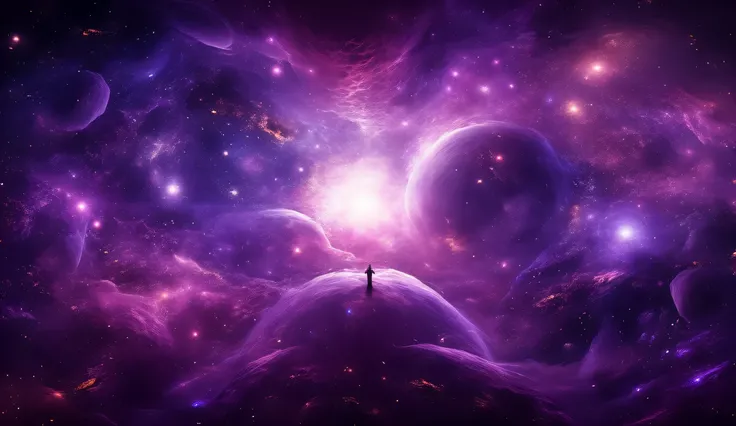 a cosmic void with a single faint star glowing in the distance, surrounded by shattered orbits and glitching fragments, dark purple and deep space blue color palette, faint silhouettes, dreamy and mysterious, futuristic atmosphere, ambient nebulae lighting...