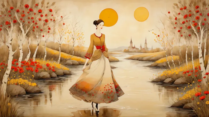 Art style by Albena Vatcheva..  Stylized figures . ethereal woman, wearing a wide skirt with flower and leaf motifs, walks over the waters of a river, on the banks of the river, light brown cats with red collars walk. No fundo, Mustard yellow sun, colinas,...