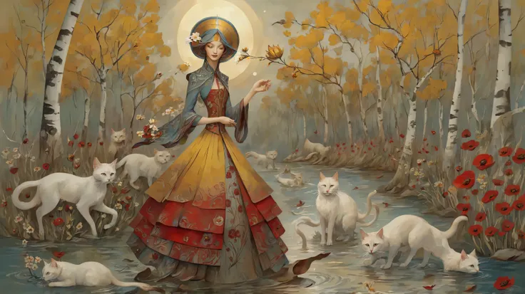 Art style by Albena Vatcheva..  Stylized figures . ethereal woman, wearing a wide skirt with flower and leaf motifs, walks over the waters of a river, on the banks of the river, light brown cats with red collars walk. No fundo, Mustard yellow sun, colinas,...