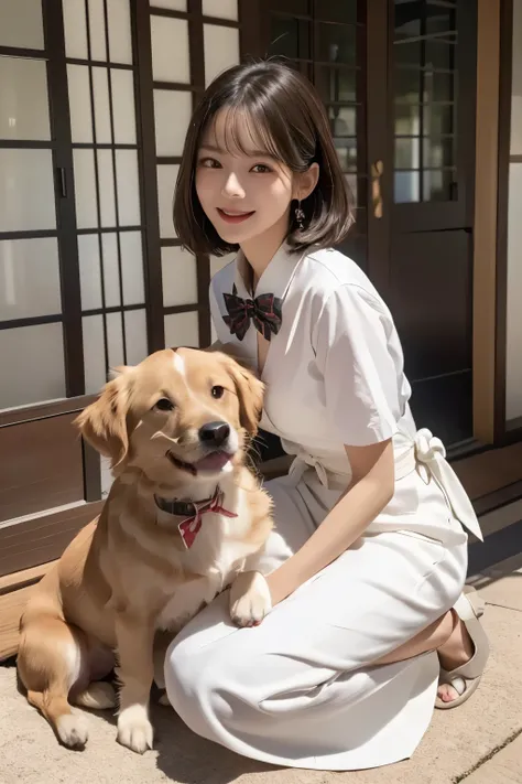 realistic、(In front of the front door of a Japanese house)、Dog and woman side by side、((Dog sitting facing the front))、((woman crouching facing the front 2.0))、One dog、1 woman、((large golden retriever))、((short shortcut 2.0))、((short shortcut 2.0))、 has ba...