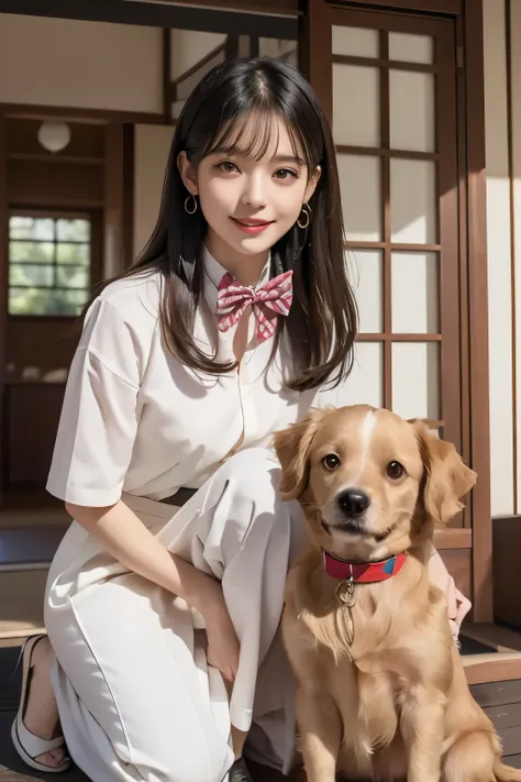 realistic、(In front of the front door of a Japanese house)、Dog and woman side by side、((Dog sitting facing the front))、((woman crouching facing the front 2.0))、One dog、1 woman、((golden retrievers watching dogs))、((short shortcut 2.0))、((short shortcut 2.0)...