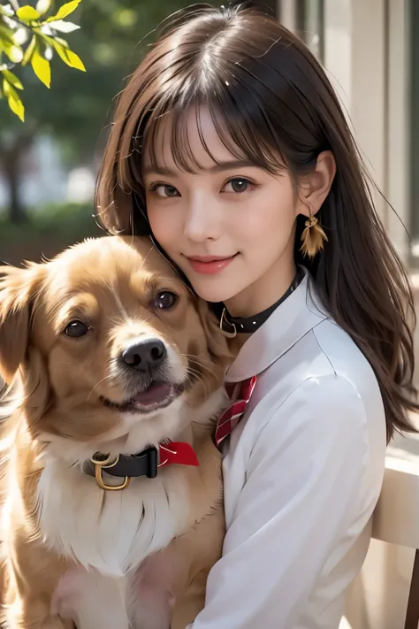 realistic、((Woman hugging her dog))、close-up、One dog、1 woman、((large golden retriever))、((short shortcut 2.0))、((short shortcut 2.0))、 has bangs、(long slant eyes)、Foxy face、 has a bright smile、white long skirt、((bow tie on dog collar 2.0))、high image quali...