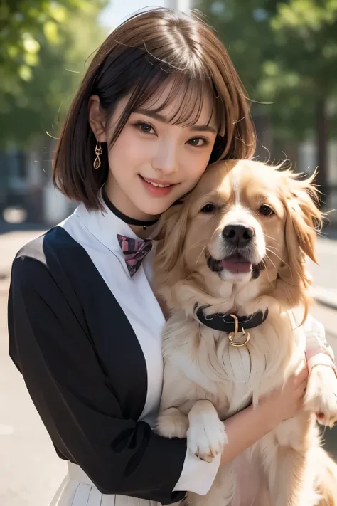 realistic、((Woman hugging her dog))、close-up、One dog、1 woman、((large golden retriever))、((short shortcut 2.0))、((short shortcut 2.0))、 has bangs、(long slant eyes)、Foxy face、 has a bright smile、white long skirt、((bow tie on dog collar 2.0))、high image quali...