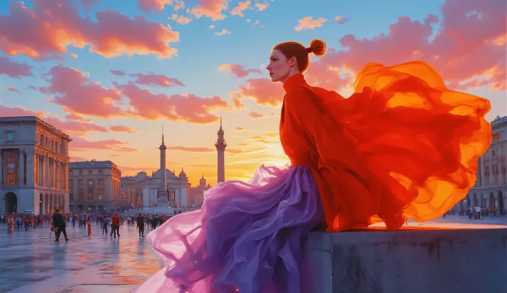 surreal fantasy, acrylic, Linda garota com cabelo ponny tail, casual cloths, sentada em um banco em uma praça em Roma , palette of color Rich Lilac, Pale Red-Violet, Orchid, Medium Purple, Light Carmine Pink, Thistle (Crayola), sunset, volumetric light...