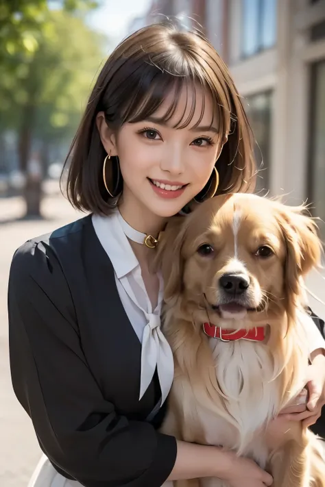 realistic、((Woman hugging her dog))、close-up、One dog、1 woman、((large golden retriever))、((short shortcut 2.0))、((short shortcut 2.0))、 has bangs、(long slant eyes)、Foxy face、 has a bright smile、white long skirt、((bow tie on dog collar 2.0))、face up、high ima...