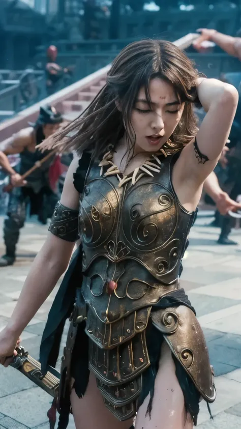 弓と矢が彼女の体に突き刺さりAgonyしてscreamをあげている , star, Agony, Cry of Pain, eyes closed, masterpiece, high resolution, scratch, Torn, scratchだらけ, , dirt, wet, It's raining heavily , Clothes are torn 、I can see his chest and nipples , panties with DECOR , 打撲scratch, sc...