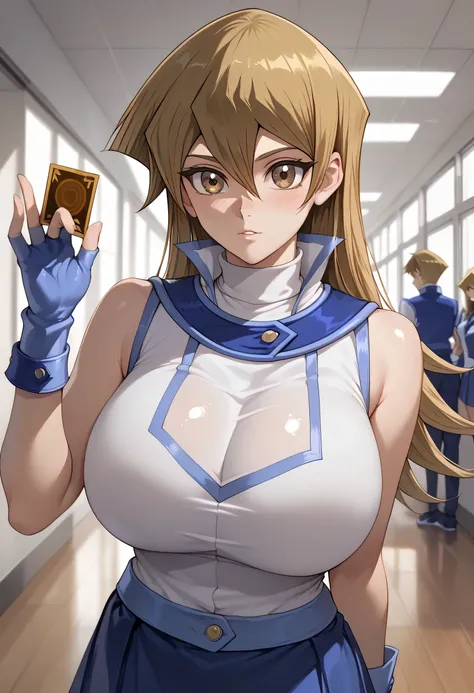 tenjouin asuka, yu-gi-oh!, duel academy uniform \(yu-gi-oh! gx\), brown eyes, long hair, blonde hair, brown hair, hair between eyes, straight hair, shiny skin, shirt, skirt, gloves, bare shoulders, school uniform, white shirt, sleeveless, miniskirt, finger...