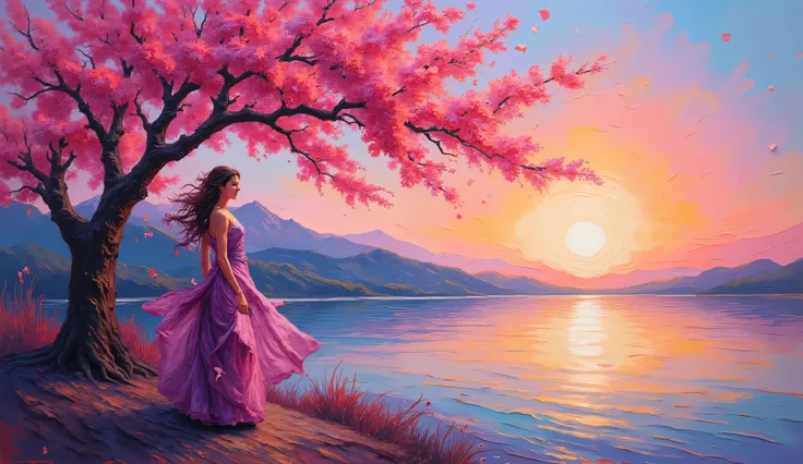 surreal fantasy, Beautiful with ponny tail hair, flowing dress, next to a majestic Sakura in bloom, The petals fly and bring a surreal air to the scene, por do sol, palette of color Rich Lilac, Pale Red-Violet, Orchid, Medium Purple, Light Carmine Pink,...