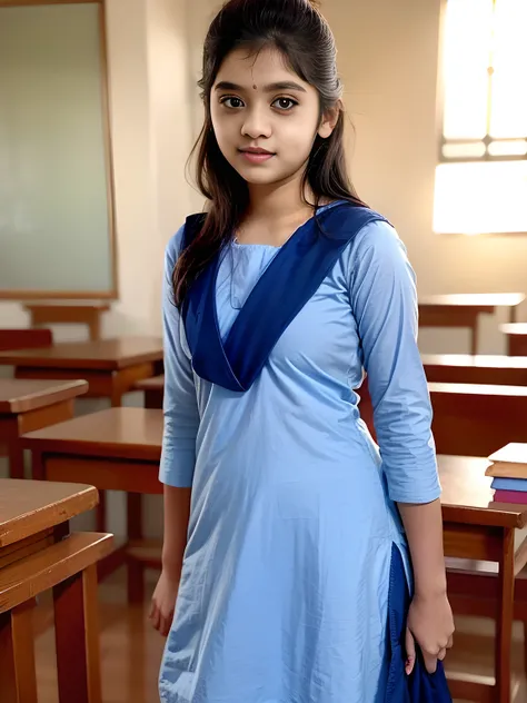 salwar kameez, school girl, bicycle, beautiful young indian schoolgirl wearing traditional salwar kameez dress, standing in a classroom, natural sunlight, colorful flowers, detailed facial features, warm expression, serene atmosphere,4K,high quality,photor...