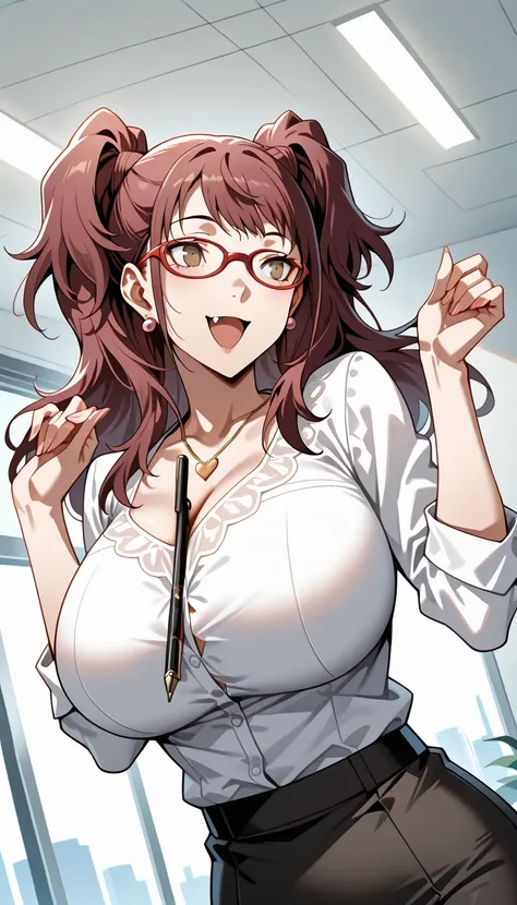 (masterwork, masterpiece, best quality, hyper-detailed), 1 girl, solo, p4rise, kujikawa rise, twintails, long hair, brown hair, earrings p4rise-sumcas, heart necklace, ,open mouth,fang,1girl, solo, slight smile, office lady, office room, indoors, professio...