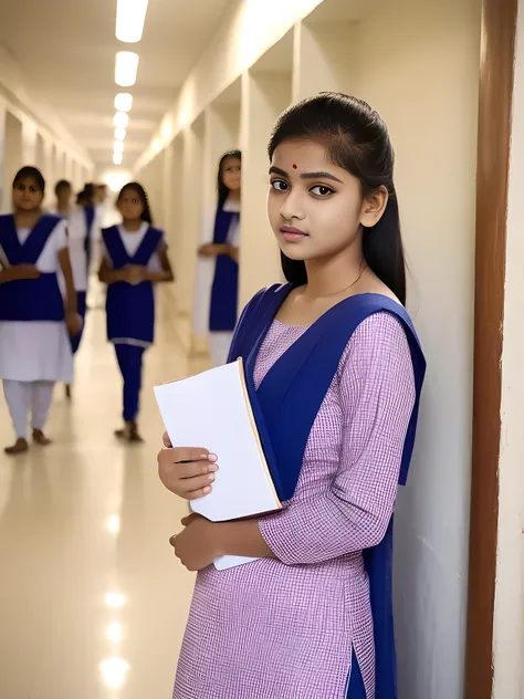 salwar kameez, school girla young indian girl wearing a traditional salwar kameez outfit, standing in a school setting, detailed facial features, confident expression, holding books, 4k, highly detailed, cinematic lighting, school hallway background, reali...