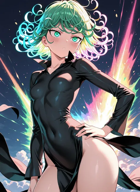 masterpiece,best quality,amazing quality, tatsumaki, short hair, curly hair, floating hair, glowing hair, colorful,
long sleeves, dress, floating dress, blushing, embarrassing face, pouted, puffed cheek, thighs, flying, slim waist, hand on hip, upper body ...