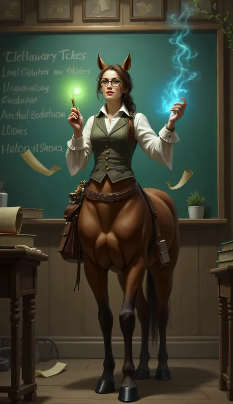 wise and kind centaur teacher, standing, in front of a magical classroom, floating books, glowing chalkboards, enchanted scrolls, human upper body is dressed in a scholarly blouse, vest, reading glasses, her long hair tied into a loose braid, holds a glowi...