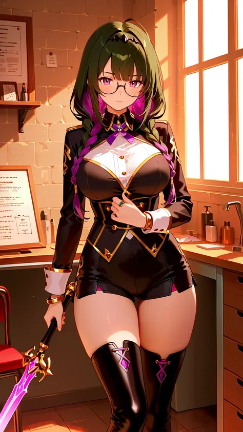 Misa Line Absair Edo Purple Sacred Relic Restorer Costume,(very aesthetic),one girl,BREAK,Aesthetic sagging,Holy Sword,Relic Collection,Has a Small Wand,BREAK,Bangs,Dark green hair,Edo purple hair,Braided twin tail hair,multi colored hair, The world is awf...