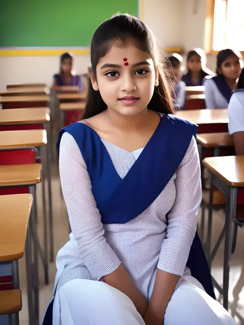 salwar kameez, school girla young indian girl wearing a traditional salwar kameez outfit, sitting in a school classroom, detailed facial features, confident expression, 4k, highly detailed, cinematic lighting, school classroom background, realistic, photor...