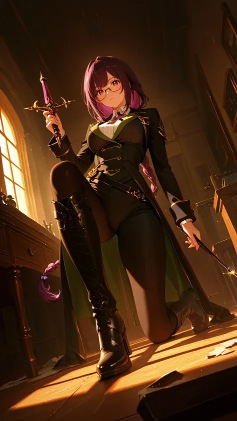 Misalind,Absiah,Precise and detailed relic restorer costume,(very aesthetic),one girl,BREAK,highly detailed eyes,Holy Sword,Relic Collection,Has a Small Wand,BREAK,Colored Glasses , Bangs,multi colored hair, The world is awful,Vintage,girly accessories,Exa...