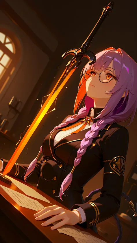 Misalind,Absiah,Relic Restorer,(very aesthetic),one girl,BREAK,highly detailed eyes,Holy Sword,Relic Collection,Has a Small Wand,BREAK,Colored Glasses , Bangs,multi colored hair, The world is awful,Vintage,accessory,Examination Board,BREAK,braided twin-tai...