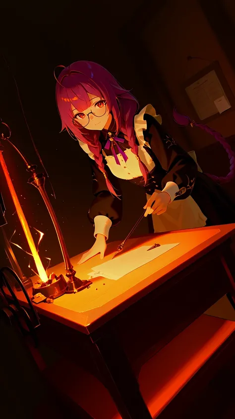 Misalind,Absiah,Relic Restorer,(very aesthetic),one girl,BREAK,highly detailed eyes,Has a Small Wand,Seiken Repair,Relic Collection,Colored Glasses,Bangs, Orange and Edo purple hair,multi colored hair,(Misaligned Neat Old Clothes Girly Outfits),ヘアaccessory...