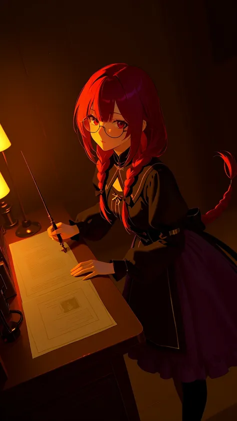 Misalind,Absiah,Relic Restorer,(very aesthetic),one girl,BREAK,highly detailed eyes,Has a Small Wand,Seiken Repair,Relic Collection,Colored Glasses,Bangs, Orange and Edo purple hair,multi colored hair,(Misaligned Neat Old Clothes Girly Outfits),ヘアaccessory...