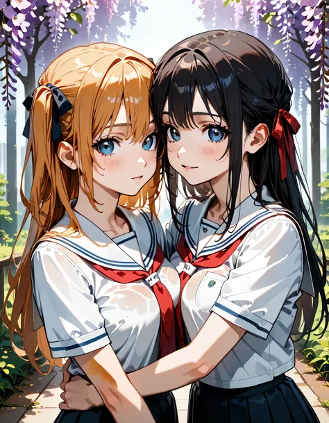 (score_9, score_8_up, score_7_up), source_Anime, absurd_res, white, blue, black, 2girls, duo, multiple girls, upper body, super fine illustration, an extremely delicate and beautiful, best quality, masterpiece, 8K, spring setting, wisteria flowers, gentle ...