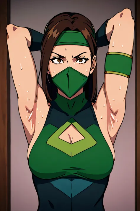 

Jade, human woman with wheatish complexion,sleeveless.She has brown eyes and blackish blue clothing. Her hair is blackish brown in color; She is beautiful.Tsundere face.,mature appearance,armpits,sweat,sweaty,sweaty armpits,arms up,showing armpits,awesom...