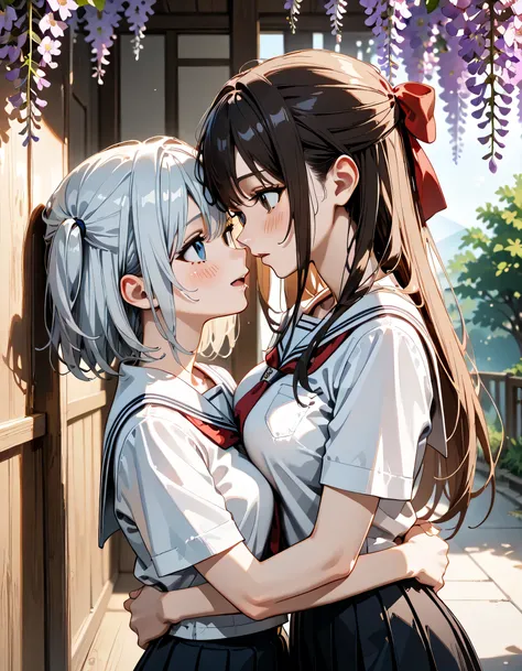(score_9, score_8_up, score_7_up), source_Anime, absurd_res, white, blue, black, 2girls, duo, multiple girls, upper body, super fine illustration, an extremely delicate and beautiful, best quality, masterpiece, 8K, spring setting, wisteria flowers, gentle ...