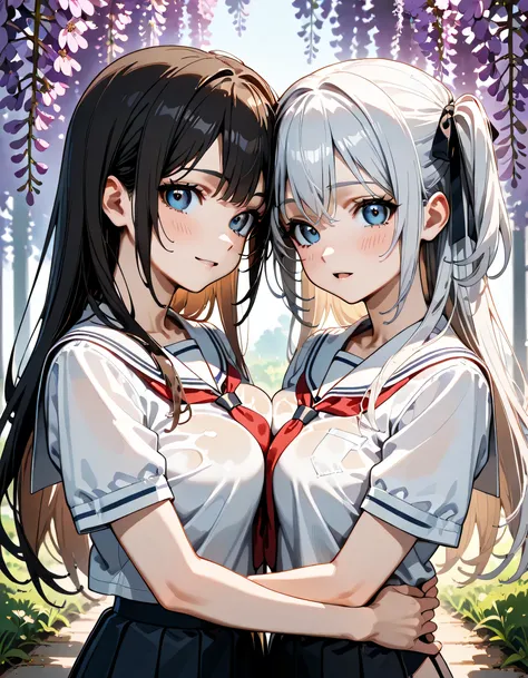 (score_9, score_8_up, score_7_up), source_Anime, absurd_res, white, blue, black, 2girls, duo, multiple girls, upper body, super fine illustration, an extremely delicate and beautiful, best quality, masterpiece, 8K, spring setting, wisteria flowers, gentle ...